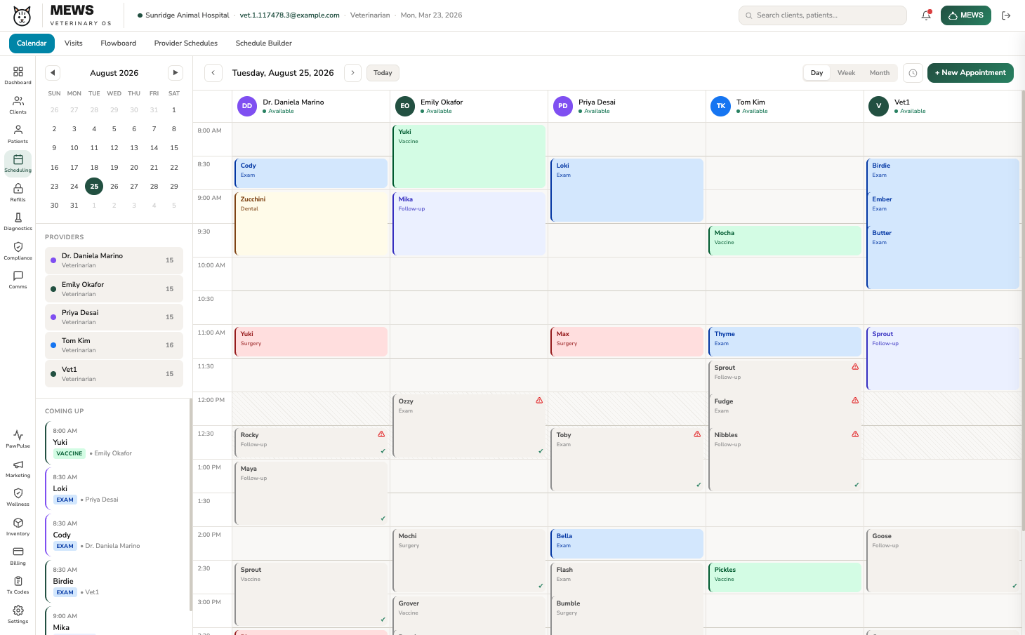 MEWS calendar — a full multi-provider day, filled by online booking and automated win-backs