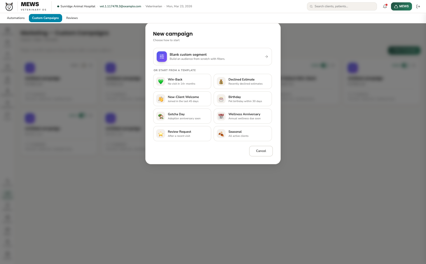 MEWS new-campaign picker — win-back, declined estimate, new-client welcome, birthday, gotcha day, wellness anniversary, review request, and seasonal templates