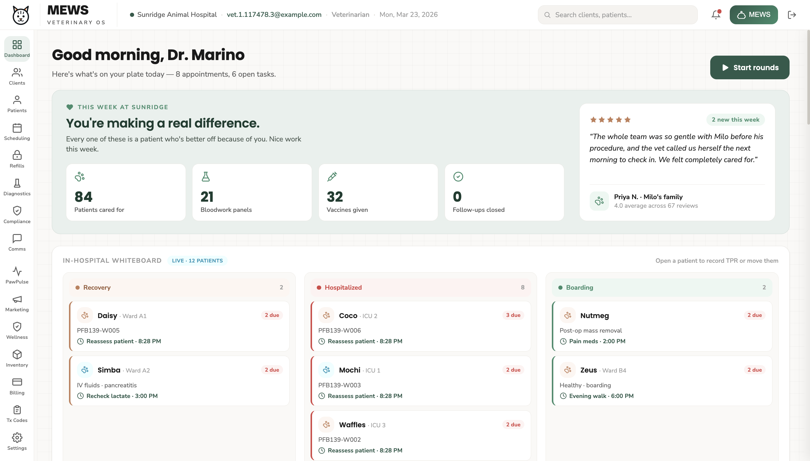 MEWS dashboard on opening day — schedule, tasks, and whiteboard