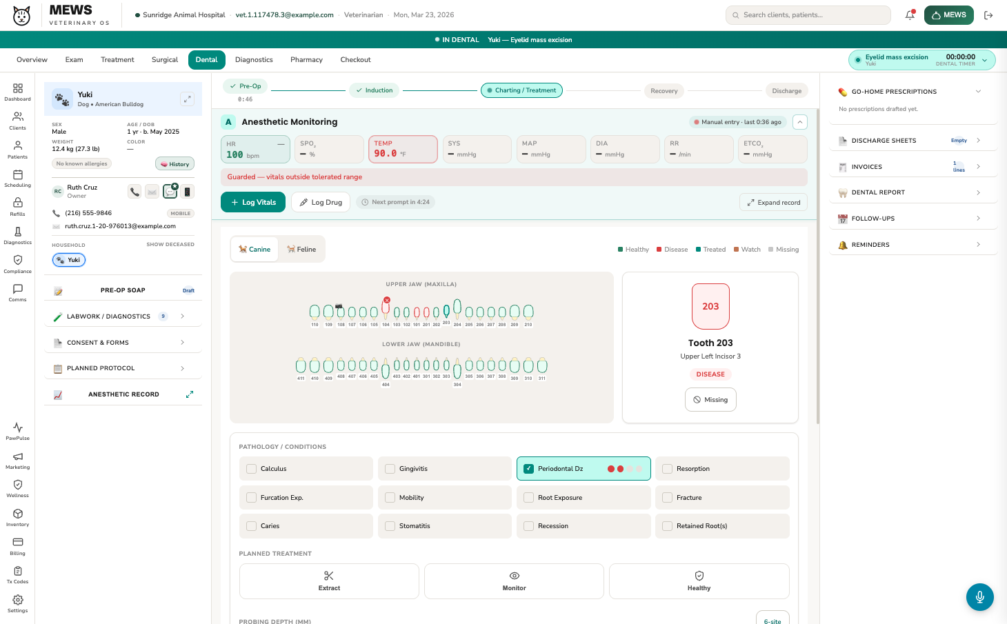 MEWS dental charting — tooth chart, pathology, and anesthetic monitoring
