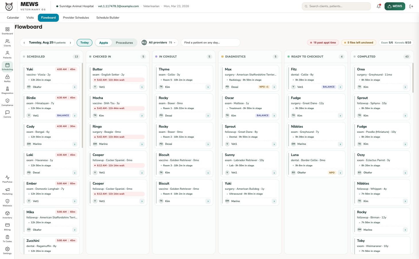 MEWS flowboard — patients moving from scheduled through checkout