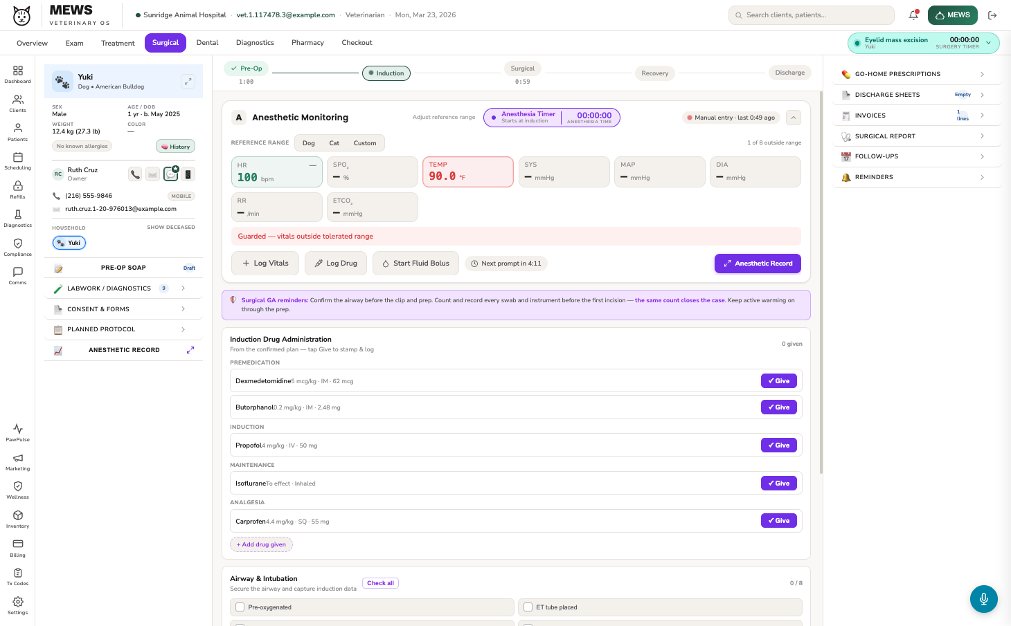 MEWS surgical record — anesthetic monitoring, drug log, and airway checklist