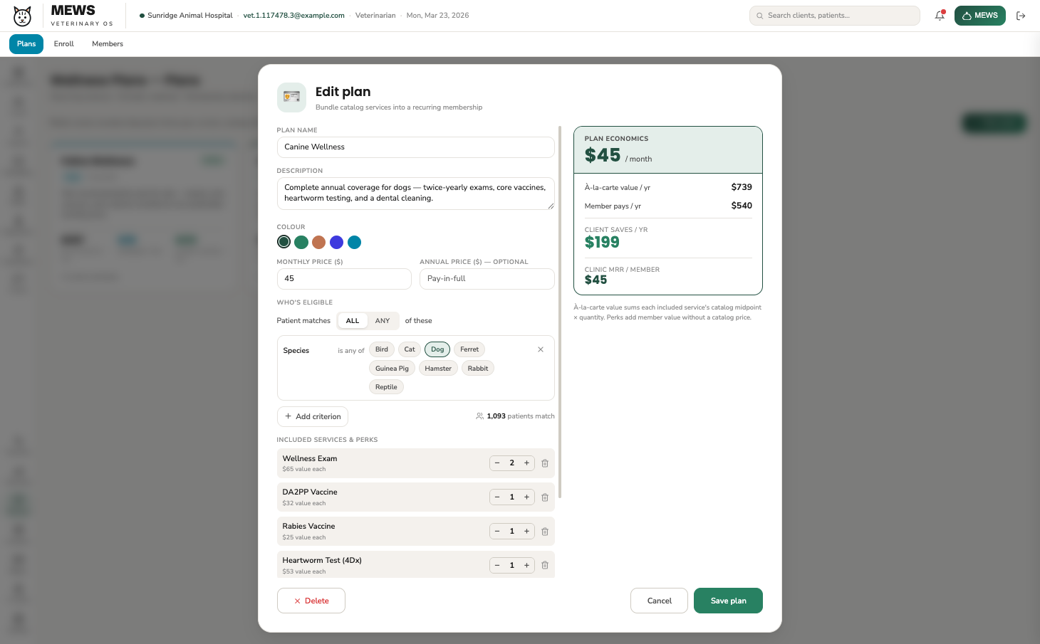 MEWS plan editor — included services, eligibility rules, and live plan economics showing member price, client savings, and clinic MRR per member