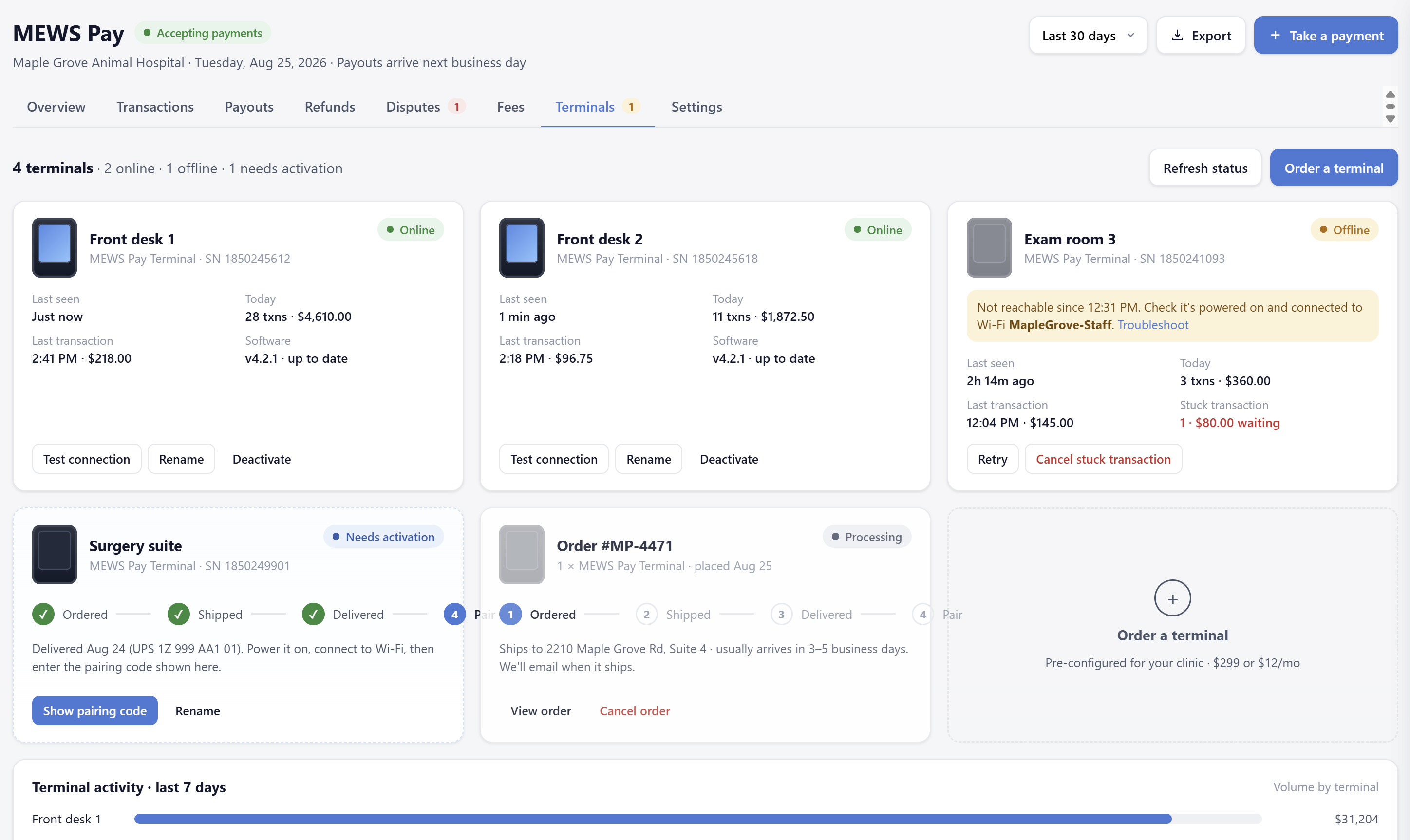 MEWS Pay terminals — fleet status per room, per-terminal volume, pairing flow, and one-click terminal ordering